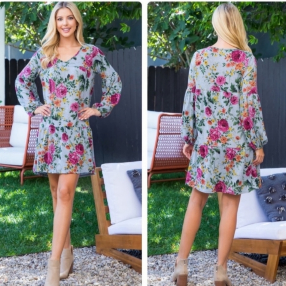 Floral V- Neck Long Sleeve Dress